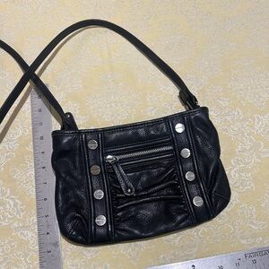 B. Makowsky Black Studded Leather Shoulder Bag Leopard Print Lining